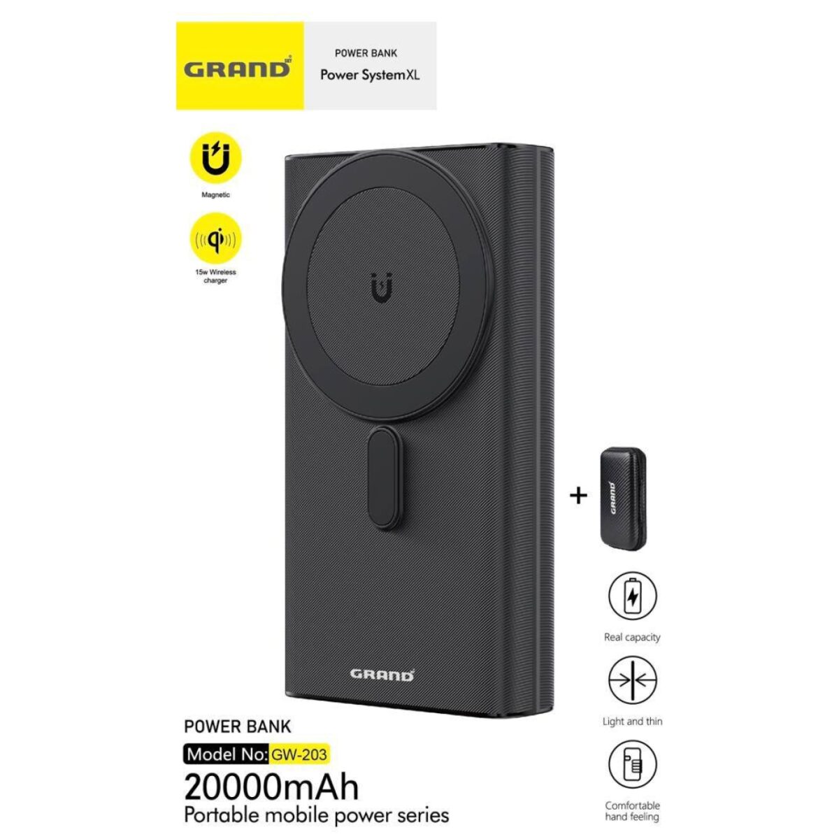 پاوربانک مگ سیف گرند مدل GW-203 ظرفیت 20,000 mAh پورت ورودی USB Type-C پورت خروجی USB Type-A, USB Type-C ظرفیت ۲۰٬۰۰۰ میلی‌آمپرساعت شارژ بی‌سیم با توان ۱۵ وات تکنولوژی شارژ سریع پاوربانک تکنولوژی Quick Charge 3.0 شارژ سریع ۲۲٫۵ وات فناوری شارژ سریع Power Delivery (PD)