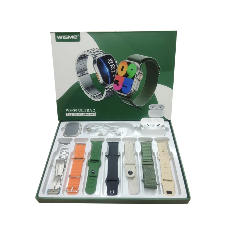 wisme-ws80-ultra2-smartwatch-airpodspro-pack پک ساعت هوشمند ویسمی Wisme همراه با ایرپاد پرو مدل WS-80 ULTRA2 با 7 بند متنوع - Image 1