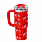 تراول ماگ طرح استنلی Stanley مدل Tumbler طرح Floral Sitarayvari رنگ قرمز گنجایش 900 میلی لیتر